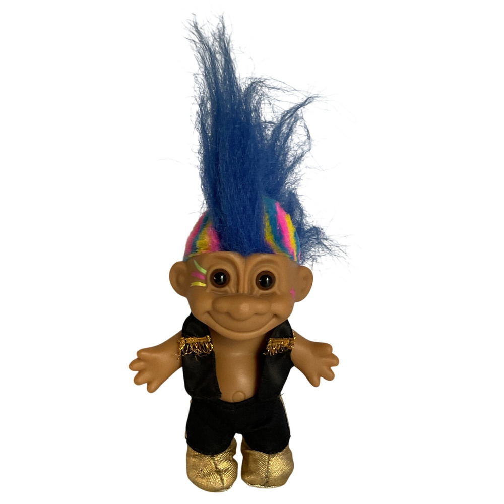 Vintage Russ Troll Collectible Doll Blue Hair Rainbow Sides Gold Shoes 1990s